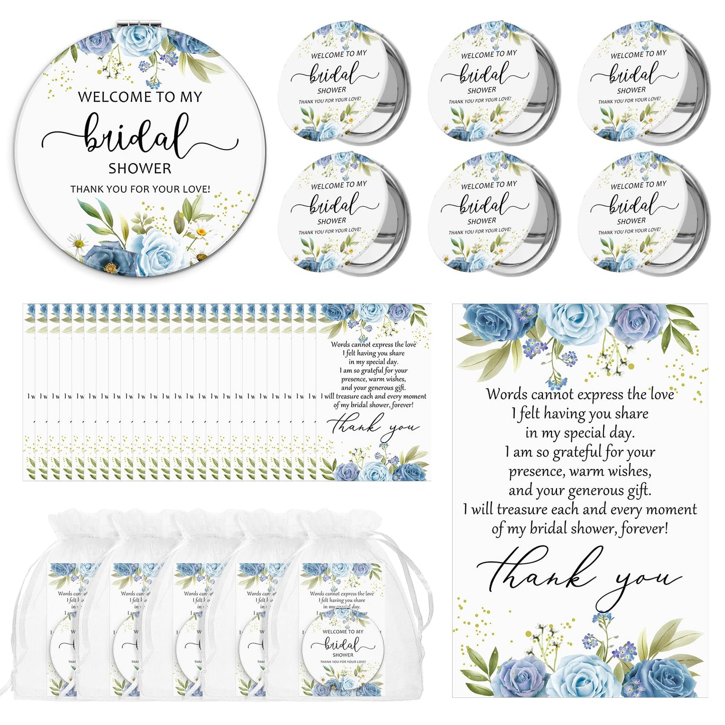 XunYee 30 Sets Bridal Shower Favors for Guests Flower Design Makeup Mirrors Leather Compact Mirrors Bridal Thank You Cards with