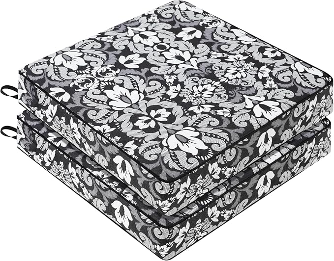Favoyard Outdoor Chair Cushion 19 x 19 x 3 In Waterproof Pattern Fade Resistant Cushions for Patio Furniture with Removable Cover Attach Straps 28D Foam Insert Cushions Pads for Seat Sofa Couch 2 Pack