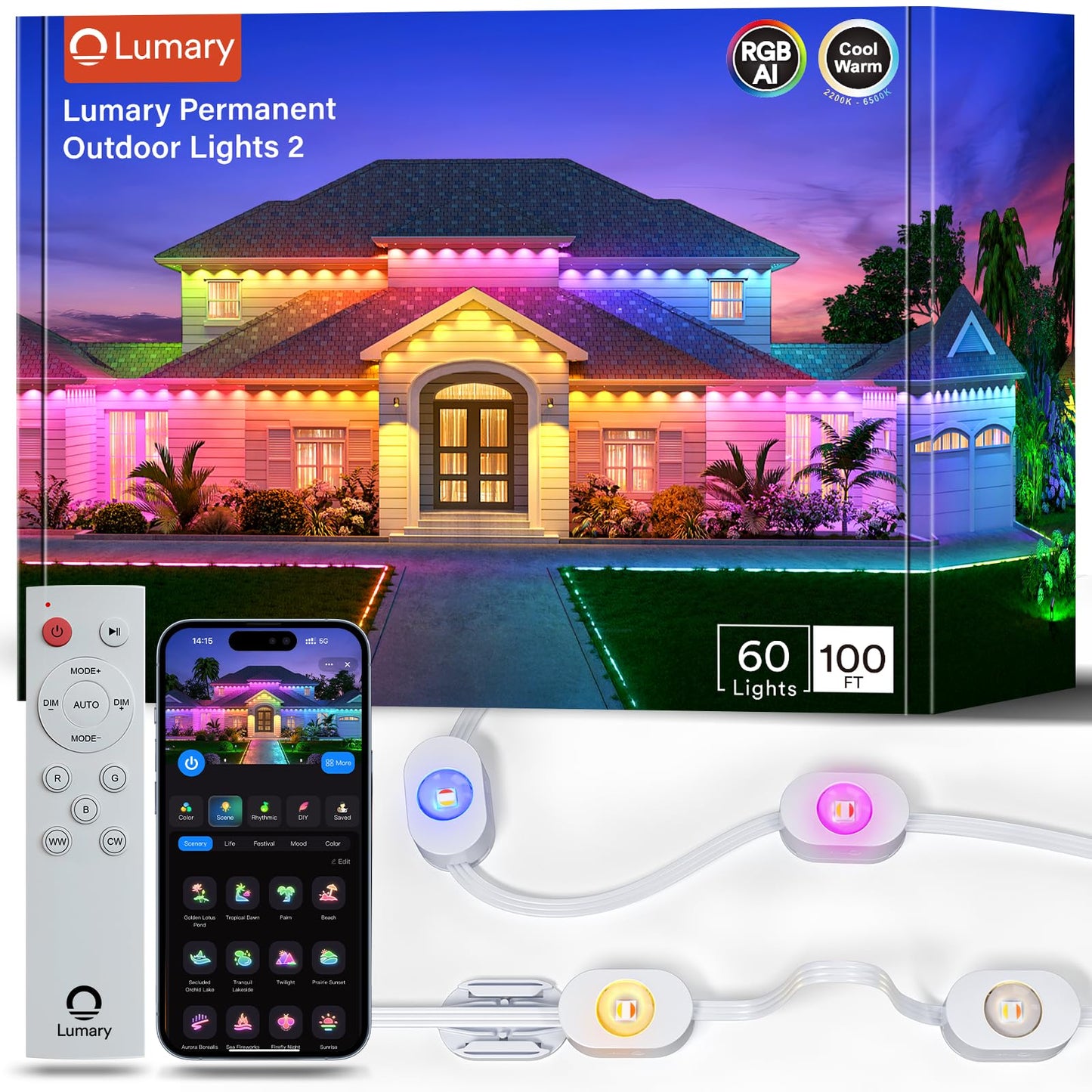 Lumary Smart Permanent Outdoor Lights 2 With Remote & Slide-Base  100Ft With 60 Rgbaicw Leds 3600Lm For Daily & Accent Lighting  110+ Scene For Halloween Christmas Decor  Work With Alexa Google  White