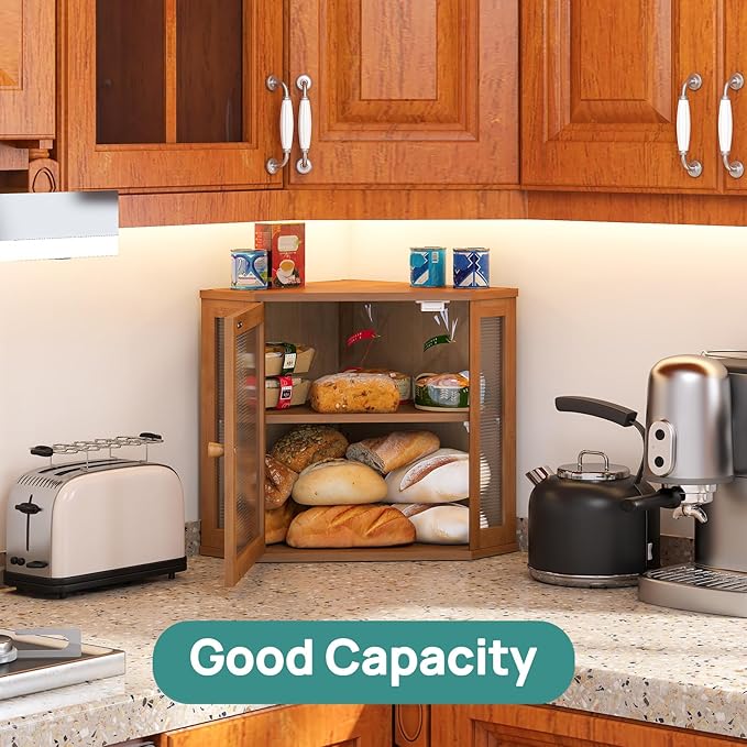 Corner Bread Box for Kitchen Counter, Bamboo Wood Large Capacity Bread Storage Bin with Acrylic Wavy Door Panel (Brown, Meduim)