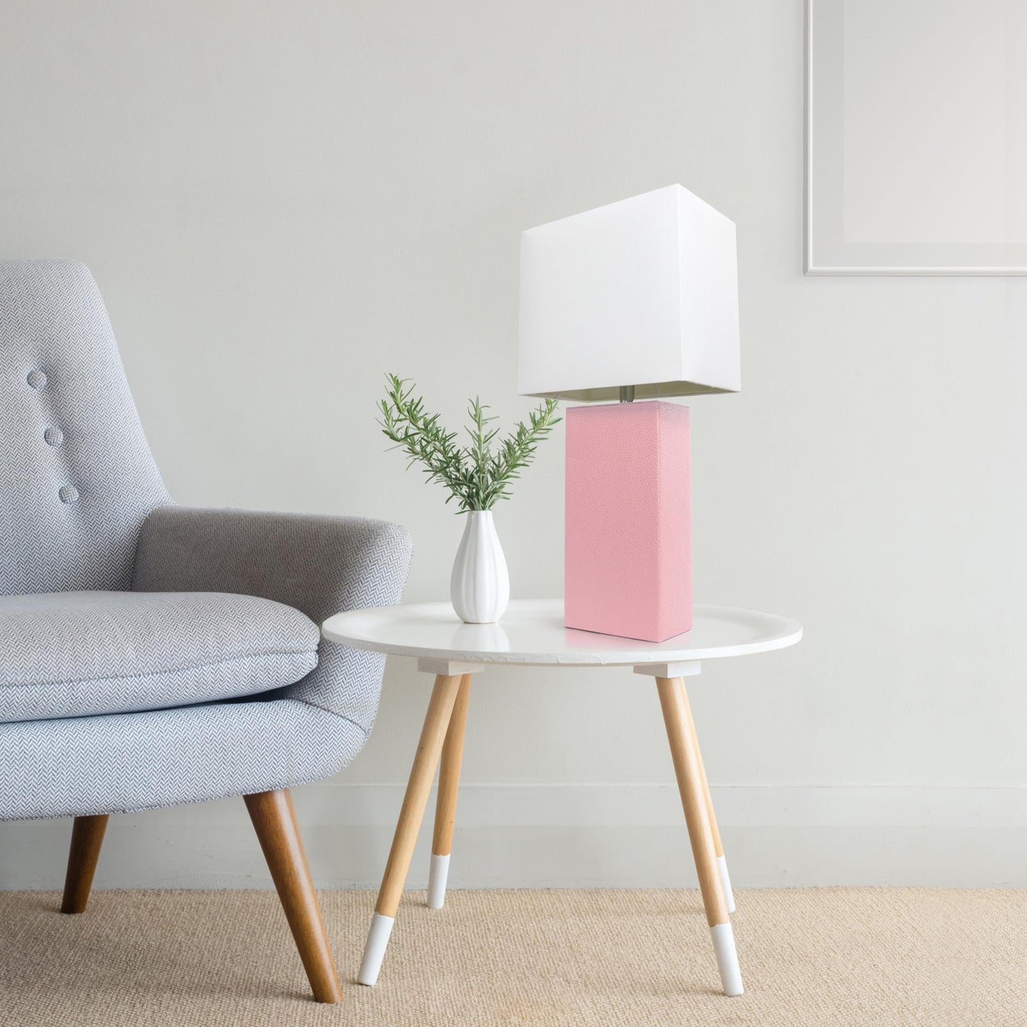 LALIA HOME Leather Base Bedside Table Lamp, 21in, Pink, White Fabric Shade, Model LHT-3008