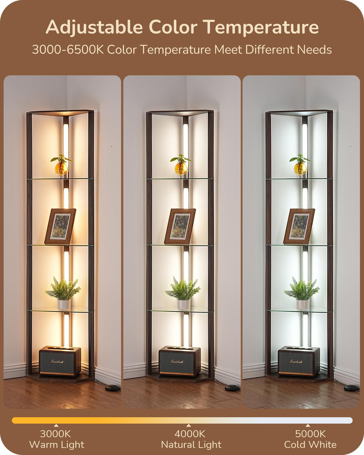 EDISHINE Floor Lamp with 5-Tier Glass Shelves, Dimmable, Remote/Foot Control, 63.7 inches, Walnut Color, Model HLFL06M