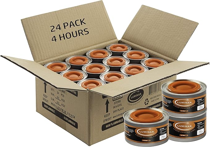 Luminar Resealable-Wick Chafing Fuel Cans, 24 Pack, 4 Hour - Premium Quality Burners for Food Warmers - No More Spills, Waste, or Hassle - Perfect for Convenient, and Long-Lasting Event Catering