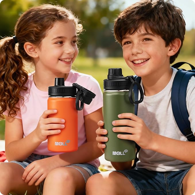 Kids Water Bottle-12 oz Stainless Steel Vacuum Insulated Sports Water Bottle for School, Reusable Metal Travel Water Flask with Silicone Boot (Orange)