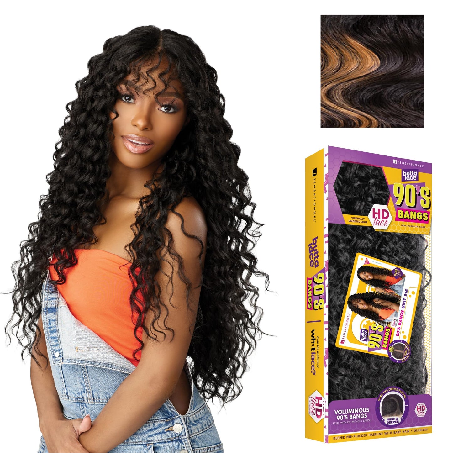 Sensationnel Butta Lace 90Sbangs Wigs - Unit 916 Glueless Wide Deep Center Part Synthetic Preplucked Hairline (BALAYAGEGOLD)
