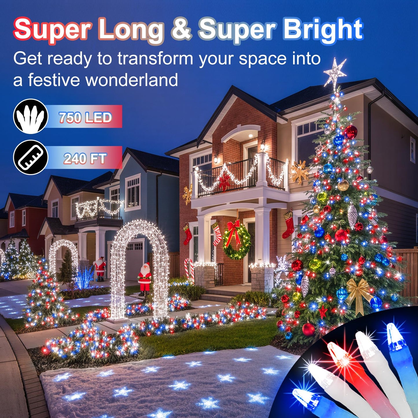 750 Led 240Ft Christmas String Lights Outdoor  Christmas Light With 8 Lighting Modes& Timer & Memory  Plug In Waterproof Clear Wire Twinkle Light For For Xmas Yard Tree Party Decor Red White Blue
