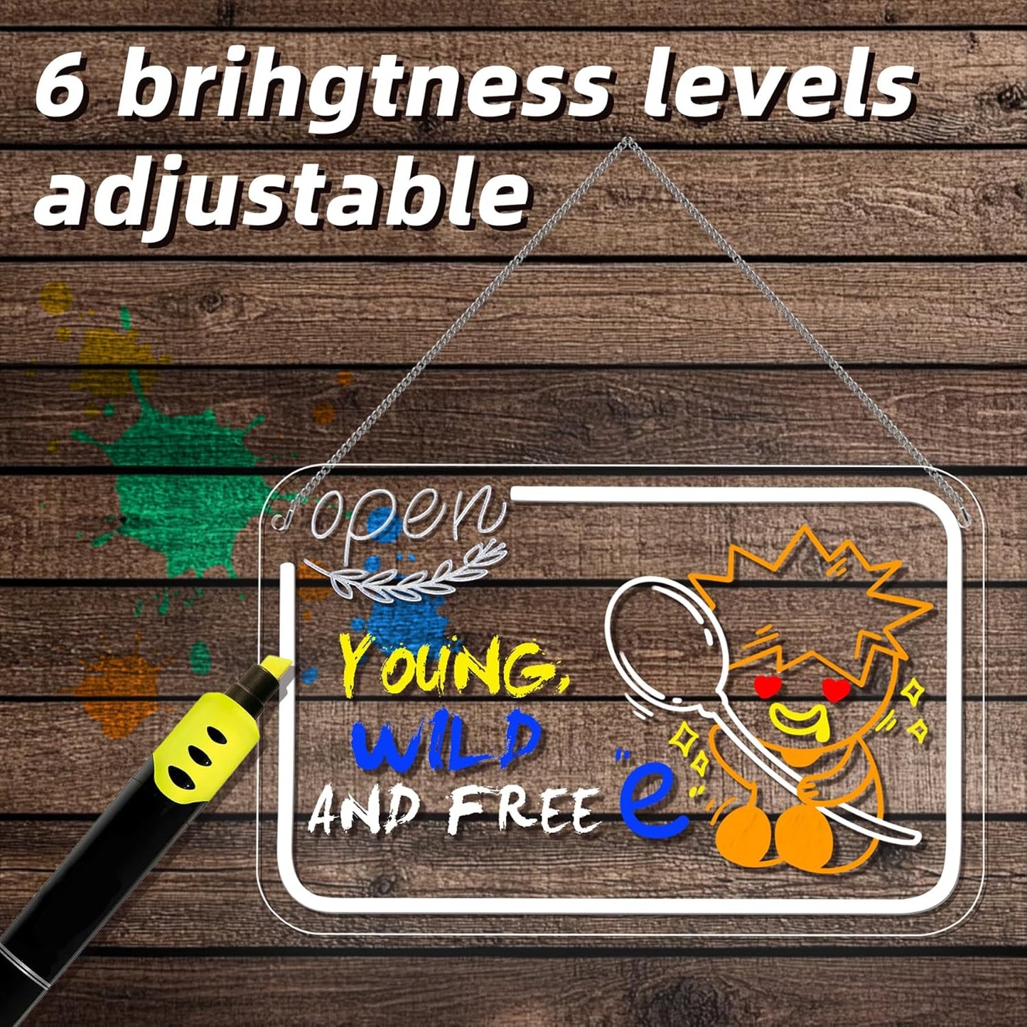 NOSUN OPEN LED Note Board 14.6*9.5” Acrylic Dry Erase Light Up Message Board with Chain and Stand, for Bar Salon Coffee Stores Club Hotel Kids With 7 Color Markers Glow Rewritable Memo Drawing Writing Board