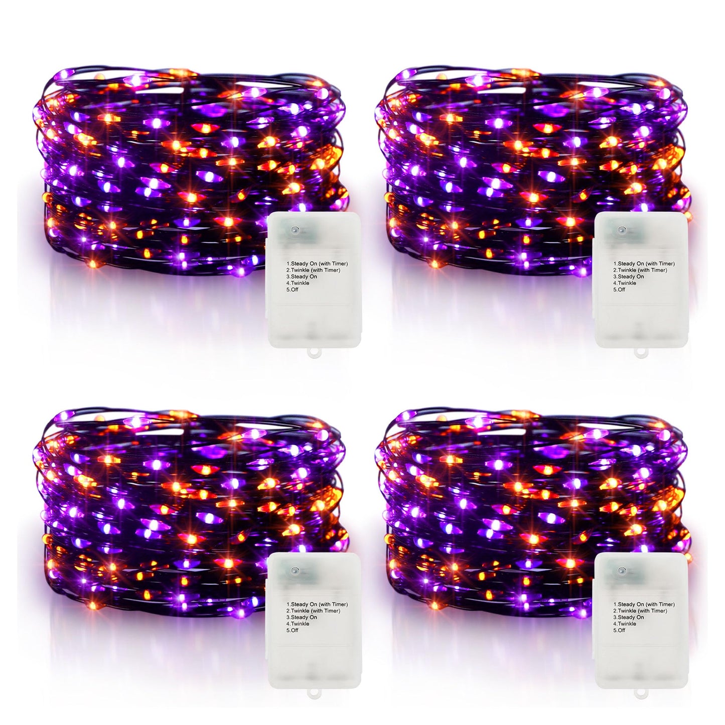 echosari Fairy Lights 50 LED Black Wire Twinkle Lights 4 Pack 16.4Ft Orange Purple with Timer 5 Modes for Halloween Decoration