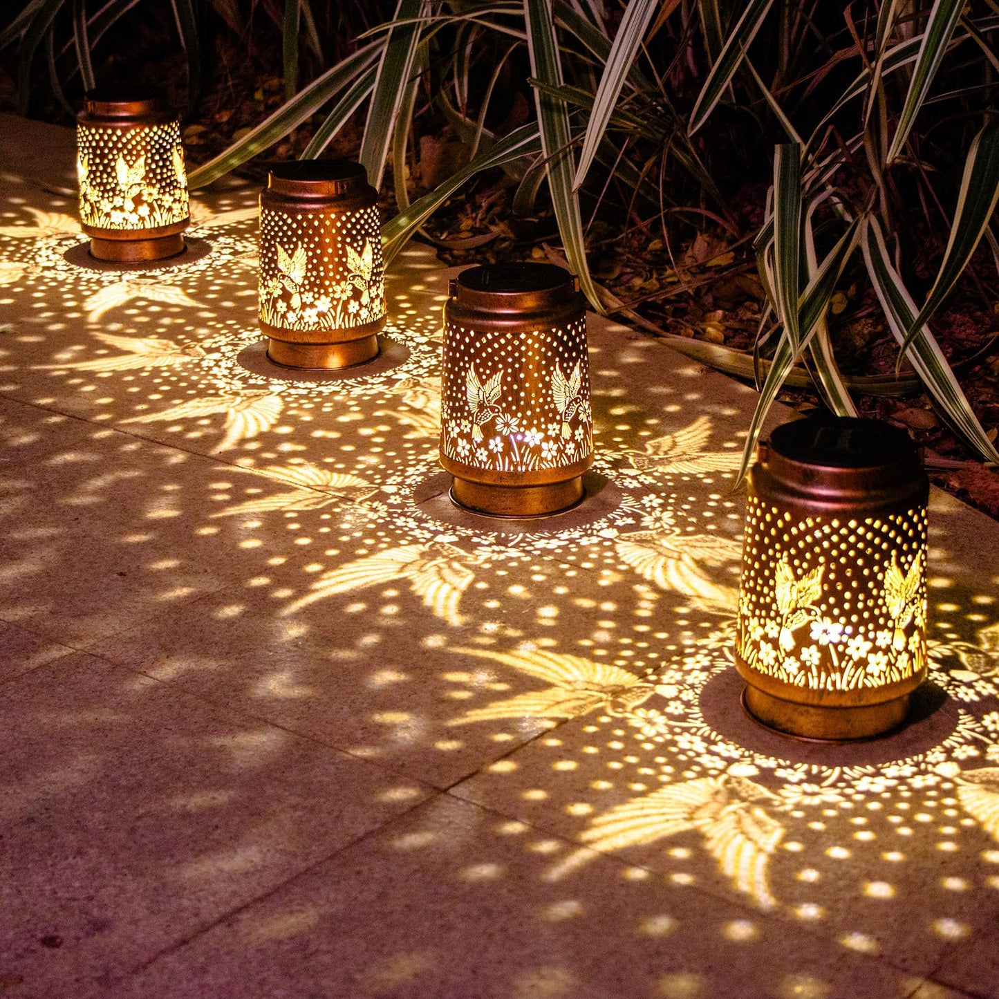 DIBIEECN Hummingbird Solar Lantern Lights - 2 Pack, Waterproof Metal Decor, LED, Bronze, Model MD-DOUBLE-02