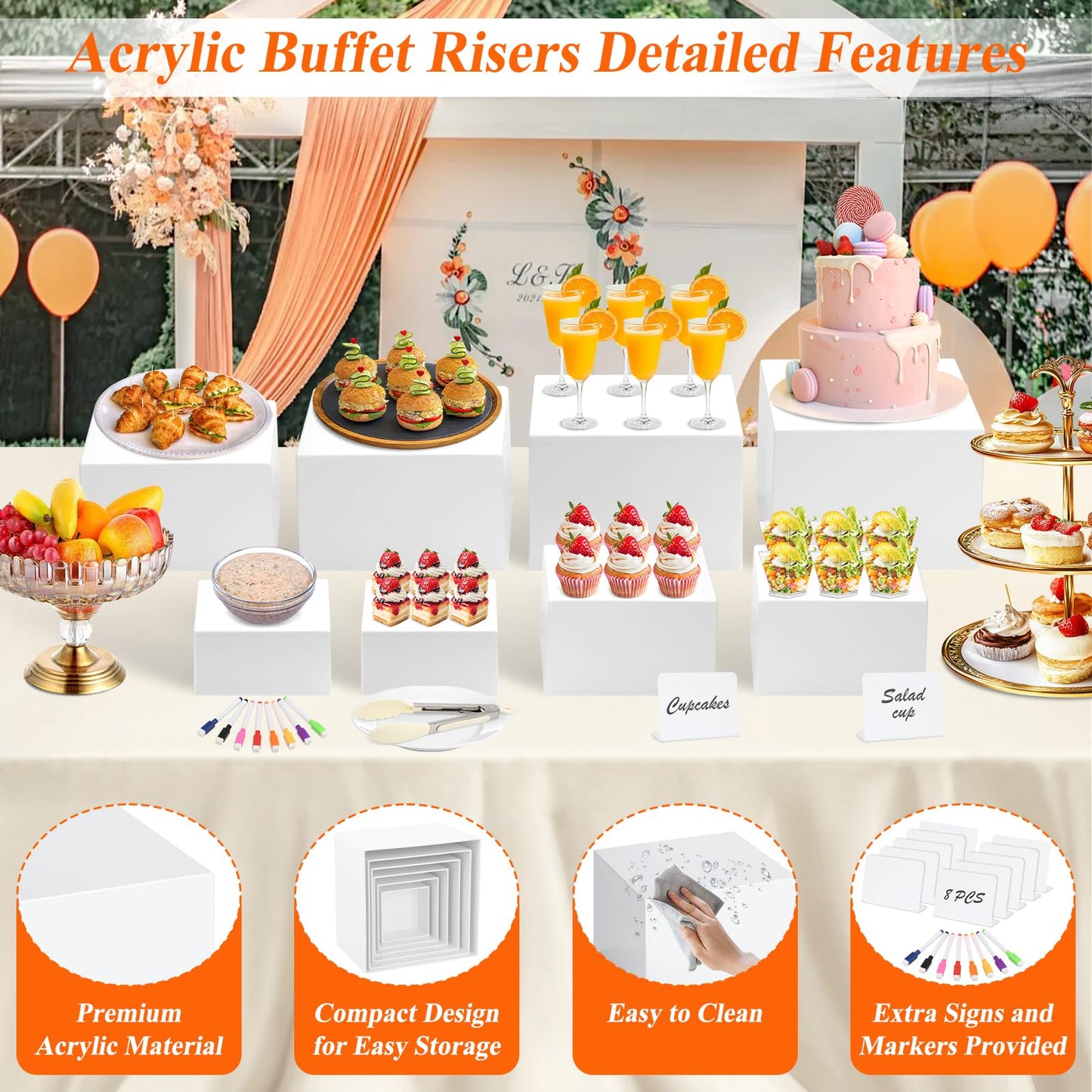8 Pcs White Buffet Risers with Mini Table Sign, Serving Tongs, Acrylic Food Risers for Buffet Table Display Stand Shelf for Party Catering Dessert Jewelry Collectibles (Size 9" 8" 7" 6" 5" 5" 4" 4")