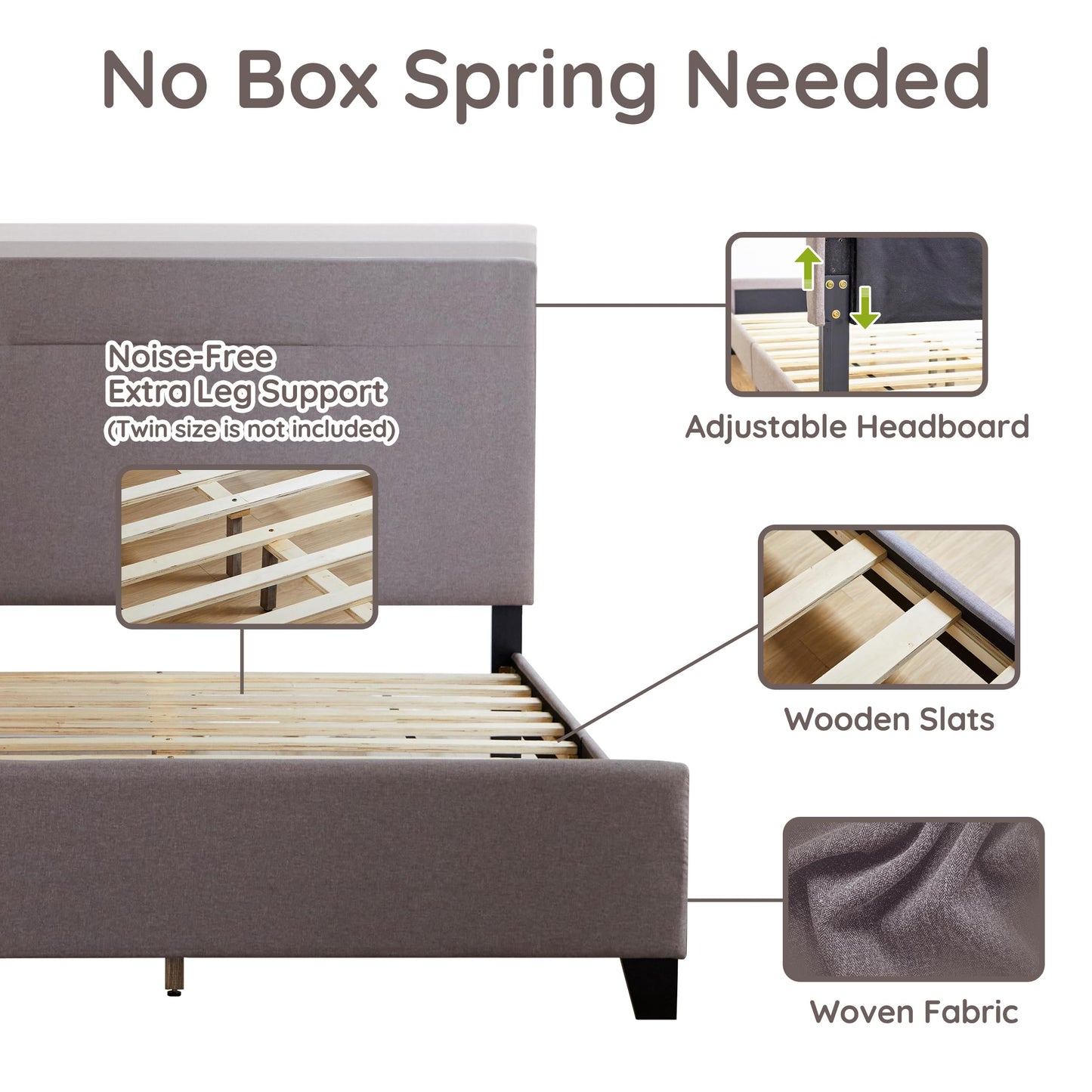 Livinia Amelia Twin Size Platform Bed, Fabric Upholstered Twin Bed Frame with Height Adjustable Headboard Footboard, Strong Wood Slats, No Box Spring Needed, Brown