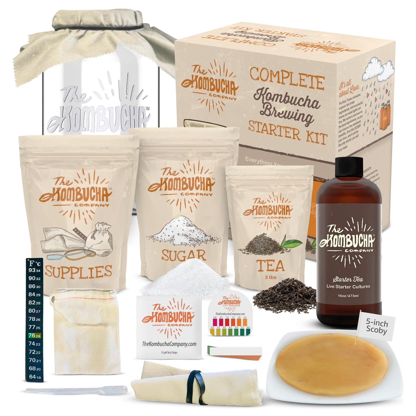 Kombucha Home Brewing Starter Kit | 5-Inch Large Scoby Kombucha Starter Kit | Complete Kit Includes What You Need w/ 16 oz Starter Tea  Brewing Jar & Brewing Supplies | Brew Unlimited Kombucha
