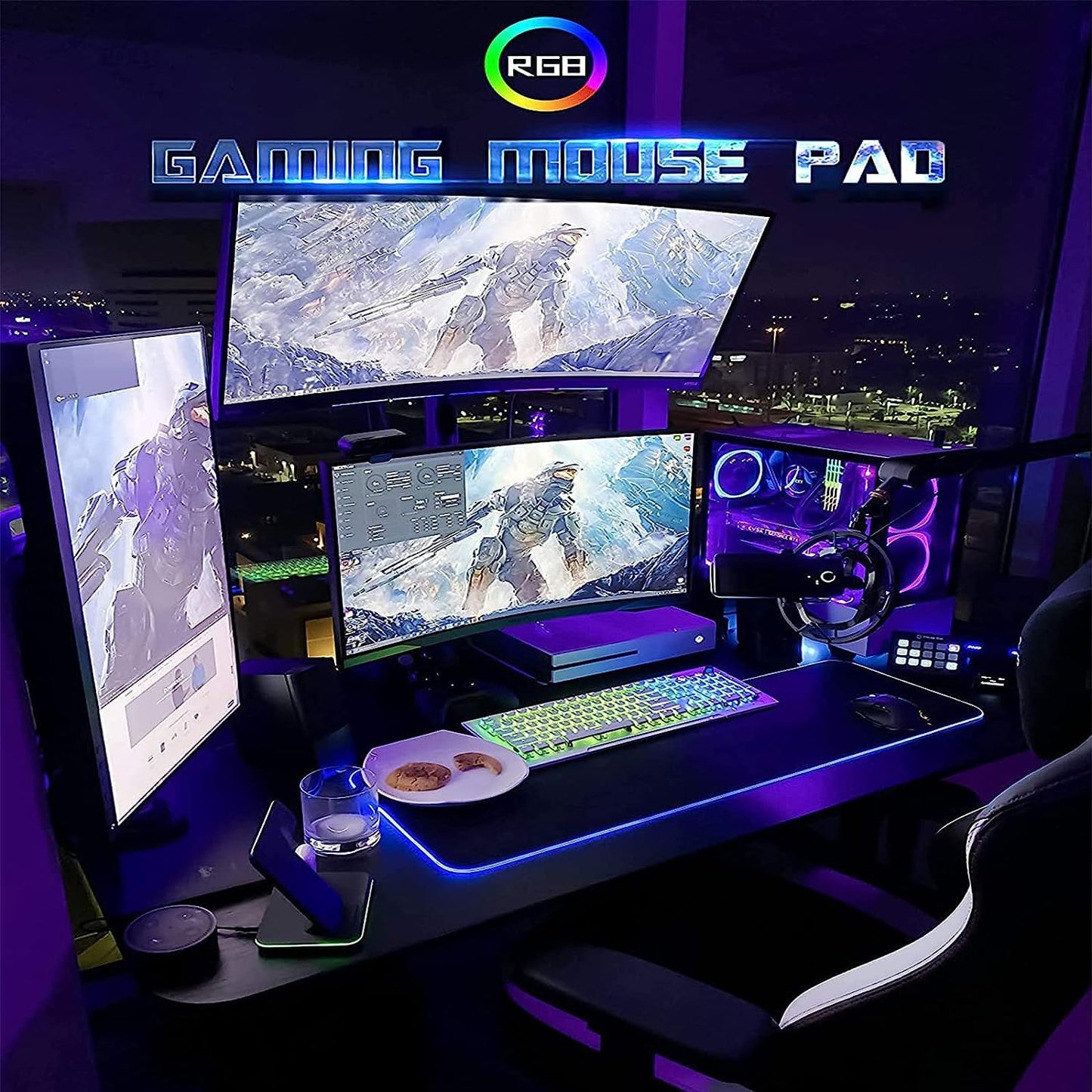 RGB Gaming Mouse Pad-14 Lights Modes-Large LED Extended Mousepad- USB Ports Ultra-Large Size Soft Extra Extended Mousepad, Anti-Slip Rubber Base Computer Keyboard Mat 31.5X 11.8in, Black