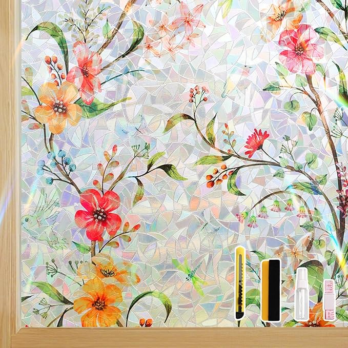 Finnez Stained Glass Window Film with Floral Pattern, Crescent Base and Rainbow Effect, Decorative Static Cling No Glue No Residue 35.4 x 157.4 Inches