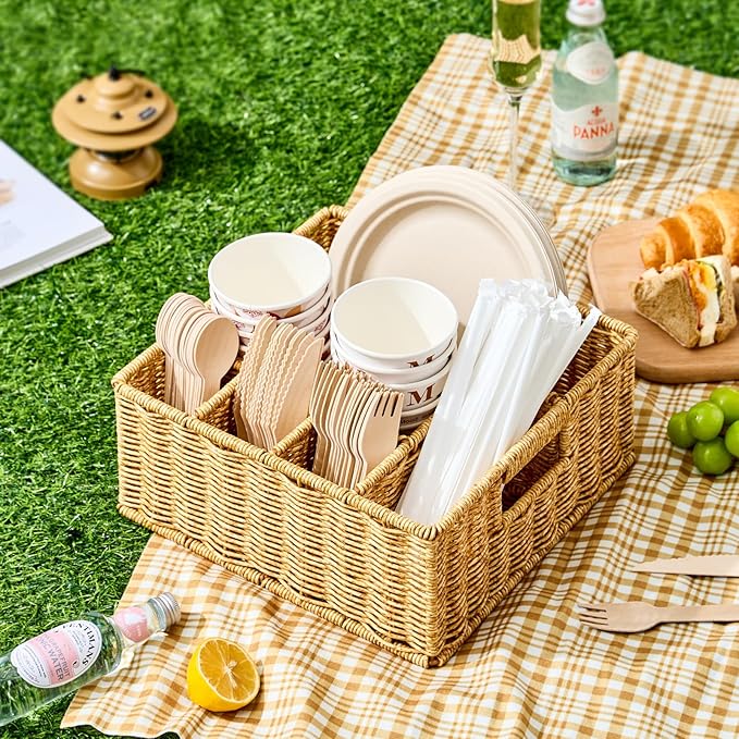 Utensil Holder for Party, Paper Plate Dispenser for Countertop, Silverware Caddy for Picnic, Cutlery Holder for Kitchen Camping Buffet, Wicker Basket with 6 Compartments