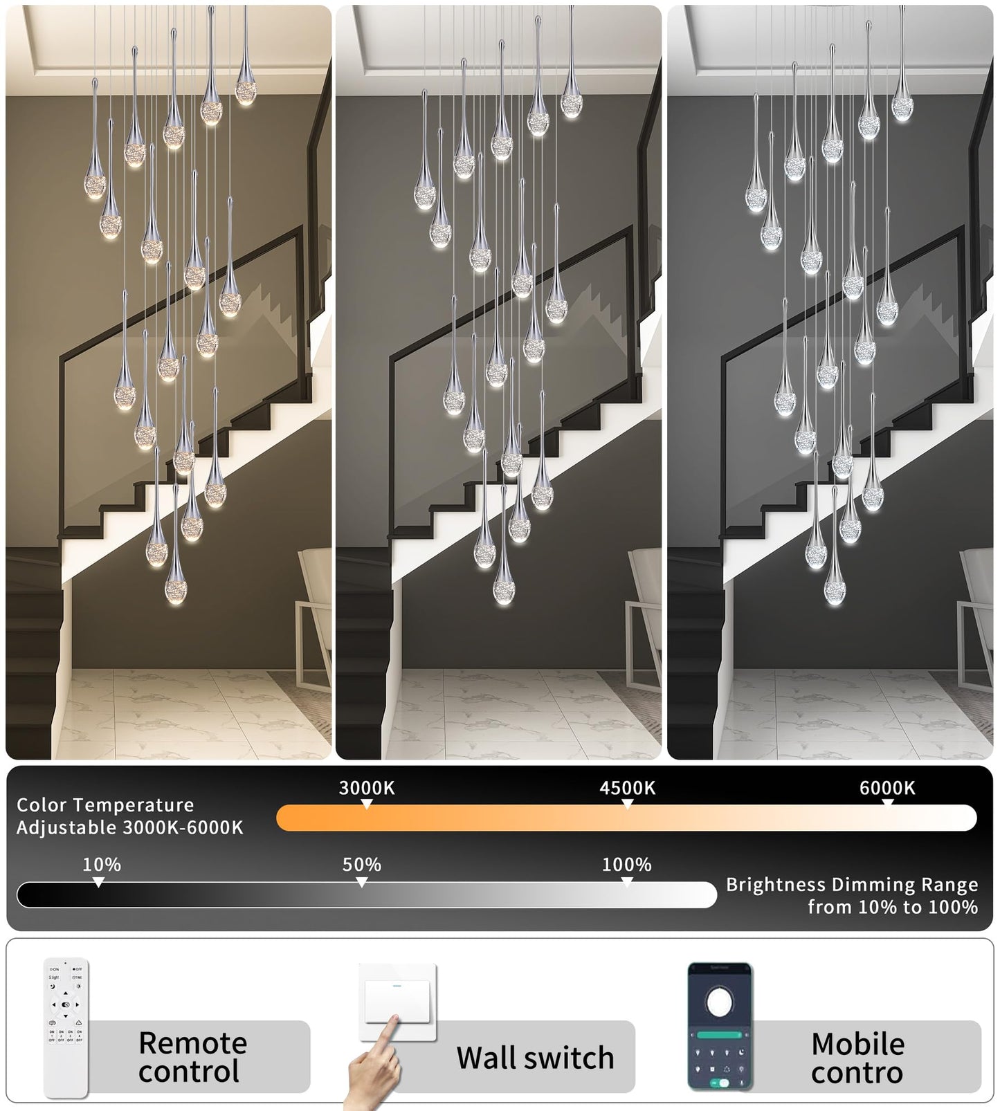 Upfelw Modern Crystal Staircase Chandelier Polished Chrome 18-Lights  H118 Large High Ceiling Spiral Dimmable Led Raindrop Foyer Entryway Light Fixture Remote Control