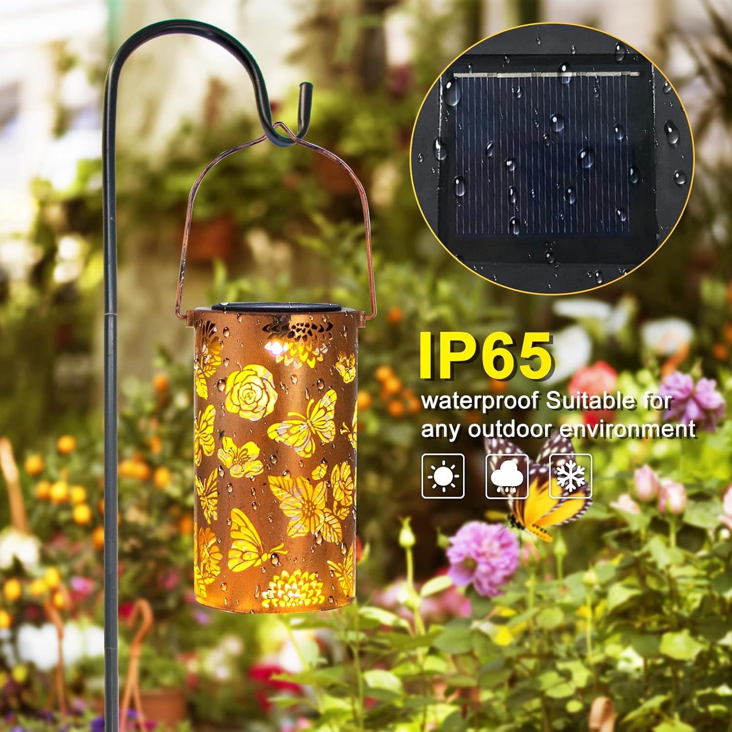 2 Pack Solar Lanterns Outdoor Waterproof Butterfly Birthday Gifts for Women Mom Grandma Garden Decor Flower Metal Hanging LED Decorative Light for Patio Yard Lawn Backyard Front Porch Gardening Gifts