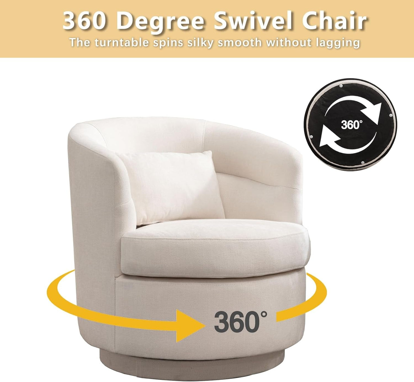 Swivel Accent Chair Set of 2, 360 Degree round Swivel Barrel Chair with Pillow, Upholstered Comfy Barrel Armchair Single Club Sofa Chair for Living Room,Bedroom, Reading Room,Beige