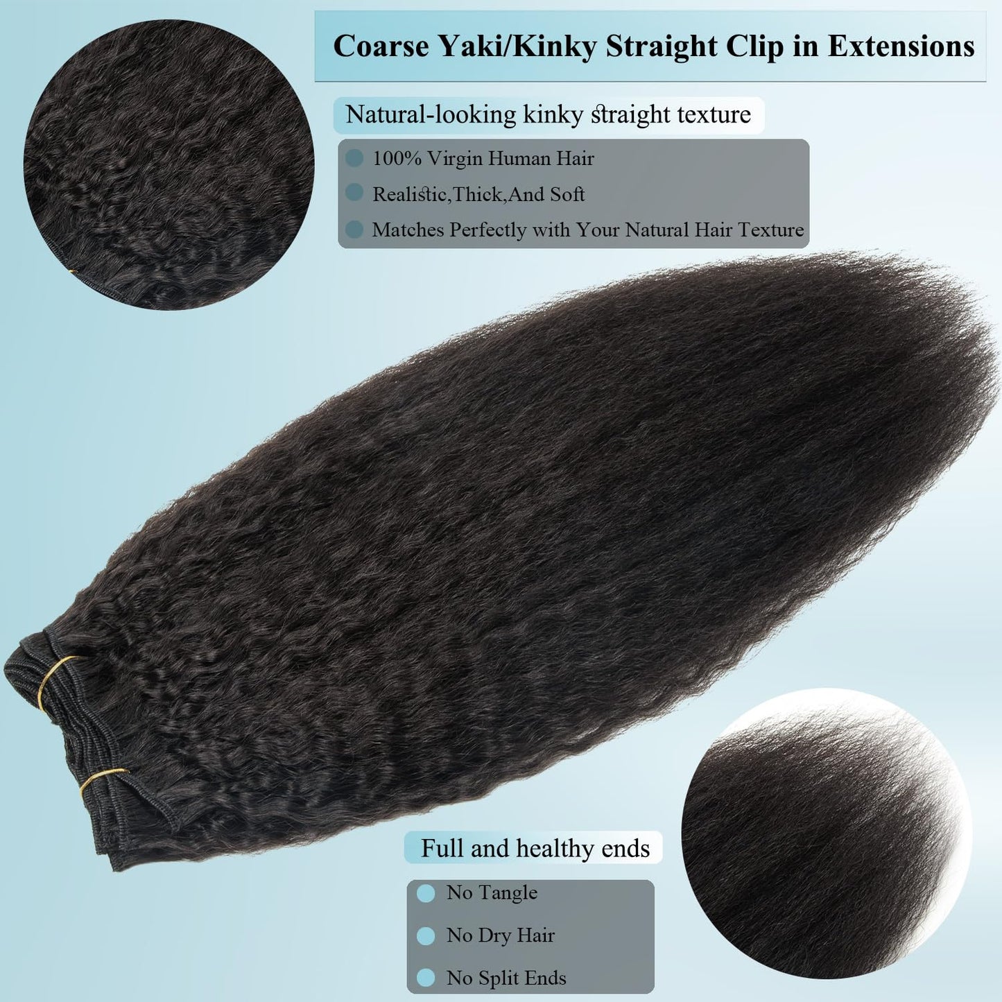 CiTake 16 Inch Yaki Straight Clip in Hair Extensions Real Human Hair for Black Women 90g/8pcs Double Weft 10A Brazilian Kinky St