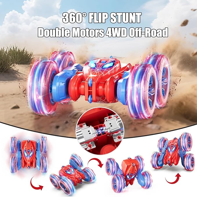 Spider Remote Control Car, 360° Stunt RC Cars for Kids Ages 6-12 Double-Sided Rotation, 4WD Cool Wheel Lights&2.4GHz Control; Rechargeable Electric Race Car Toys Gift for Boys Girls (Red&Blue)