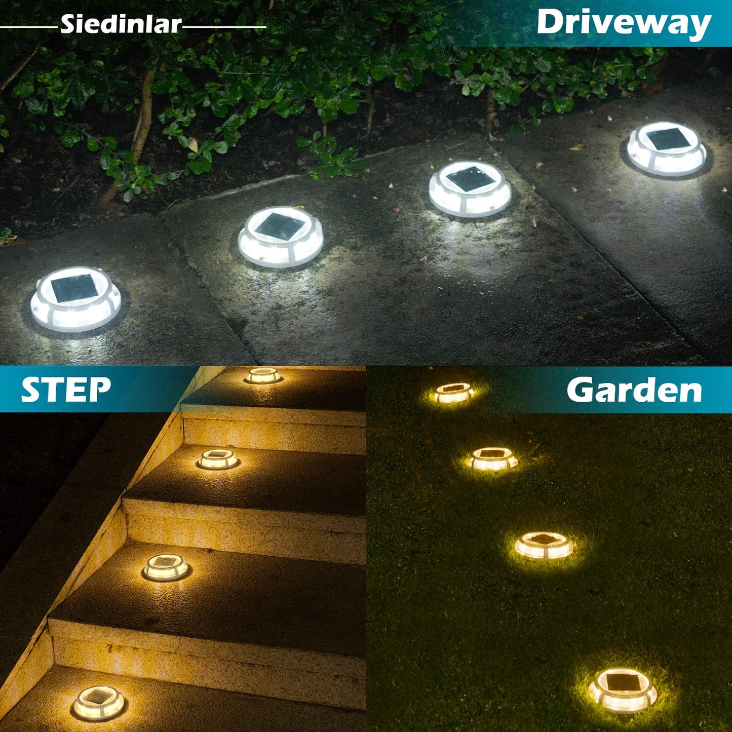 Siedinlar Solar Deck Lights, 2 Modes, 16 Leds, Waterproof, 4 Pack, Cool White/Warm White, Model Sd008-Cw