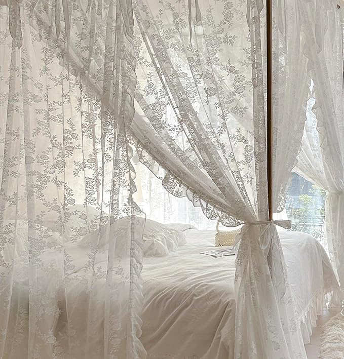 Mengersi Canopy Bed Curtains with Tie Backs,Bed Canopy Curtains Bed Drapes Sheer Curtains for Bedroom Decor（Full,White