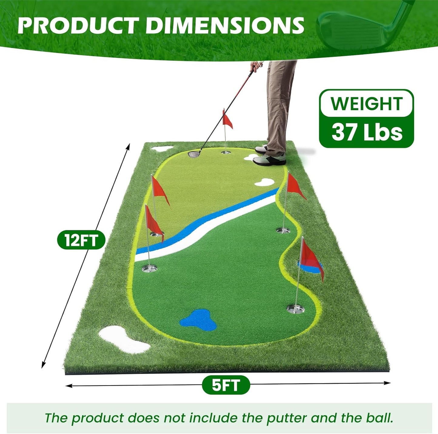 Golf Putting Green Mat - 5FT×12FT Putting Green Indoor, Professional Golf Putting Mat with Realistic Turf, Multi Holes & Flags for Outdoor Golf Practice