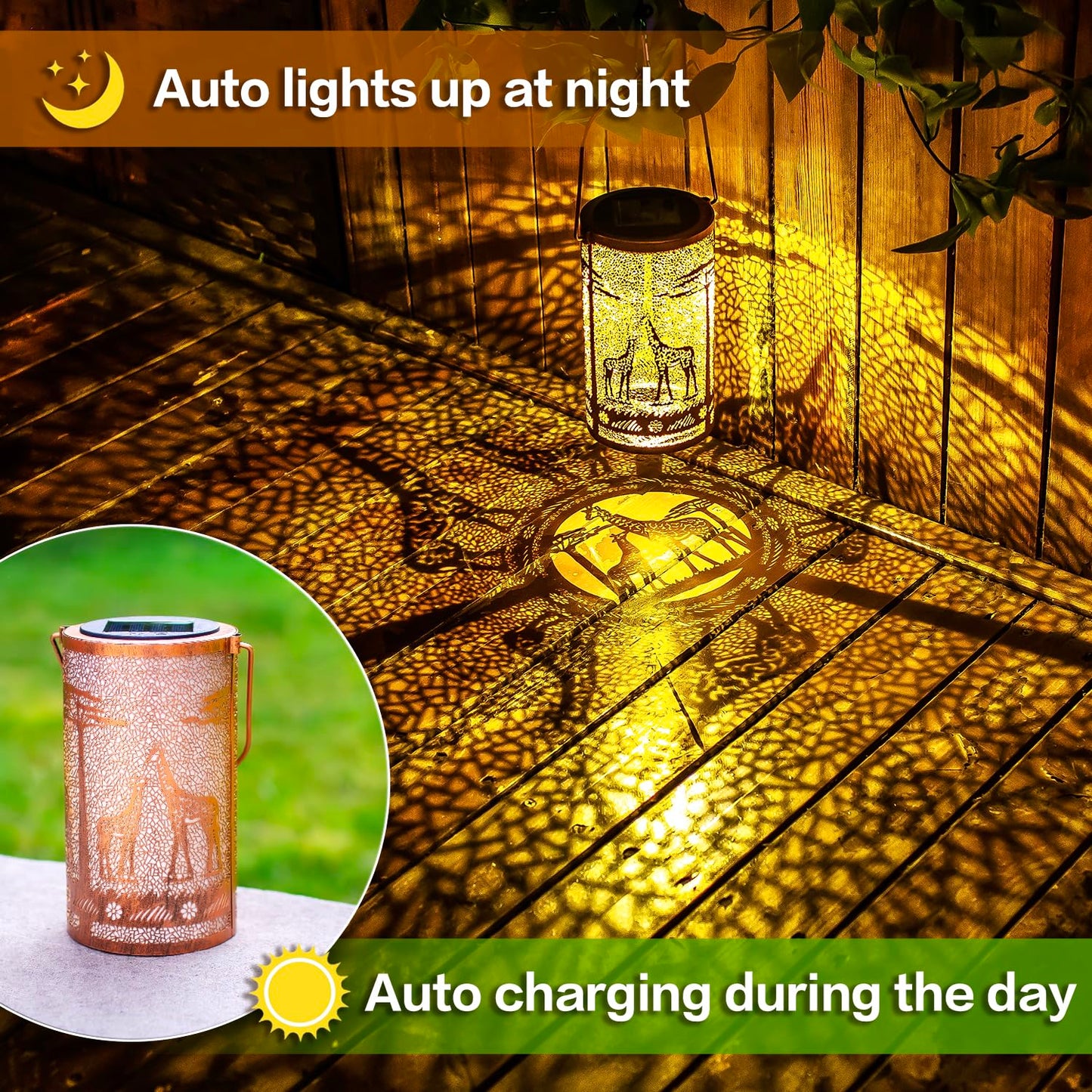 EZTZEN Giraffe Solar Lanterns - 2 Pack, Waterproof Metal Decorative Lights for Outdoor Garden, Brown, Model HW-DL-044-2pack