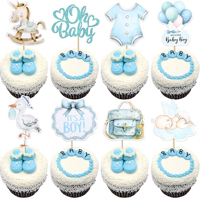 Rsstarxi 40 Pack Baby Cupcake Toppers Oh Baby Shower Decorations - Trojan Horse It's a Boy Cupcake Picks for Welcome Baby Boys Birthday Party Cake Decorations