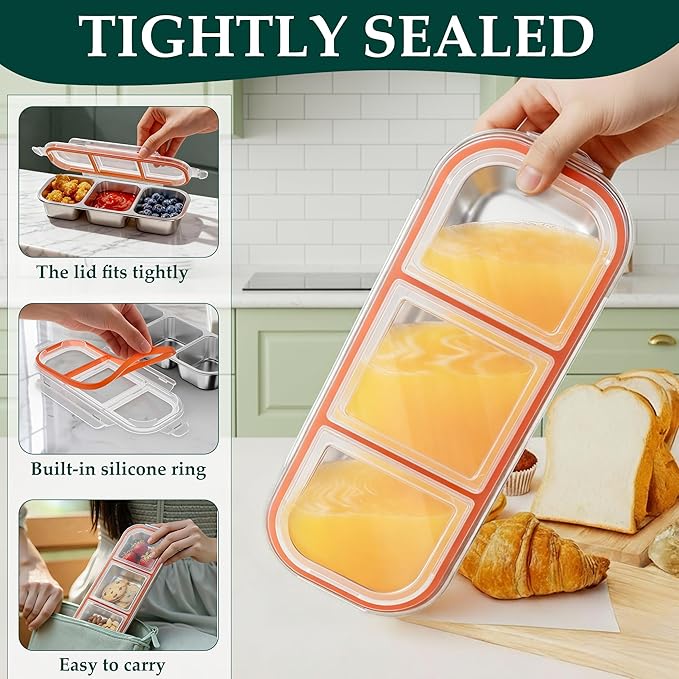 QCQHDU Bento Lunch Box Stainless Steel Snack Containers, Reusable Stainless Steel 3-Compartment Condiment Metal Bento Lunch Box with Lids, Divided Snack Food Storage Lunchable Containers, 1 Pack