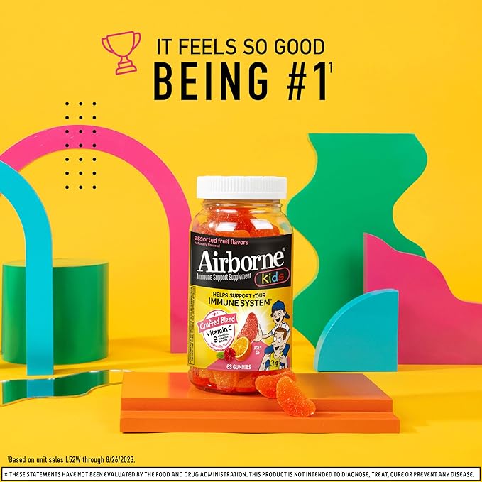 Airborne Vitamin C 500mg (per Serving) - Assorted Fruit Flavored Kids Gummies (63 Count in a Bottle), Gluten-Free Immune Support Supplement with Vitamins C E, Selenium