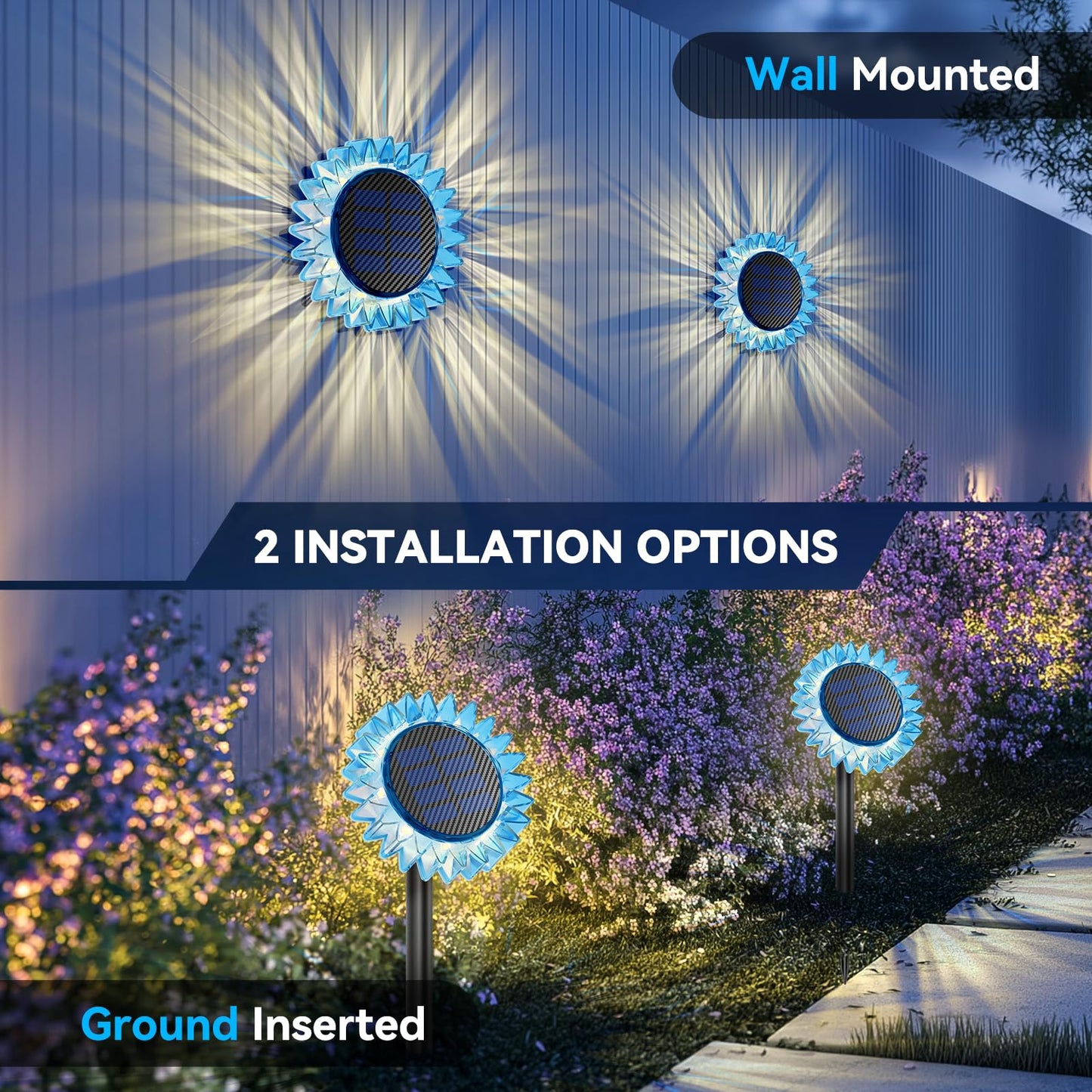 Solar Garden Lights - Upgraded Solar Sunflower Light  Ground/Wall 2 In 1  Solar Outdoor Lights Waterproof Ip67 Garden Yard Patio Backyard Pathway Landscape Fence Wall Decoration  Warm White(4 Pack)