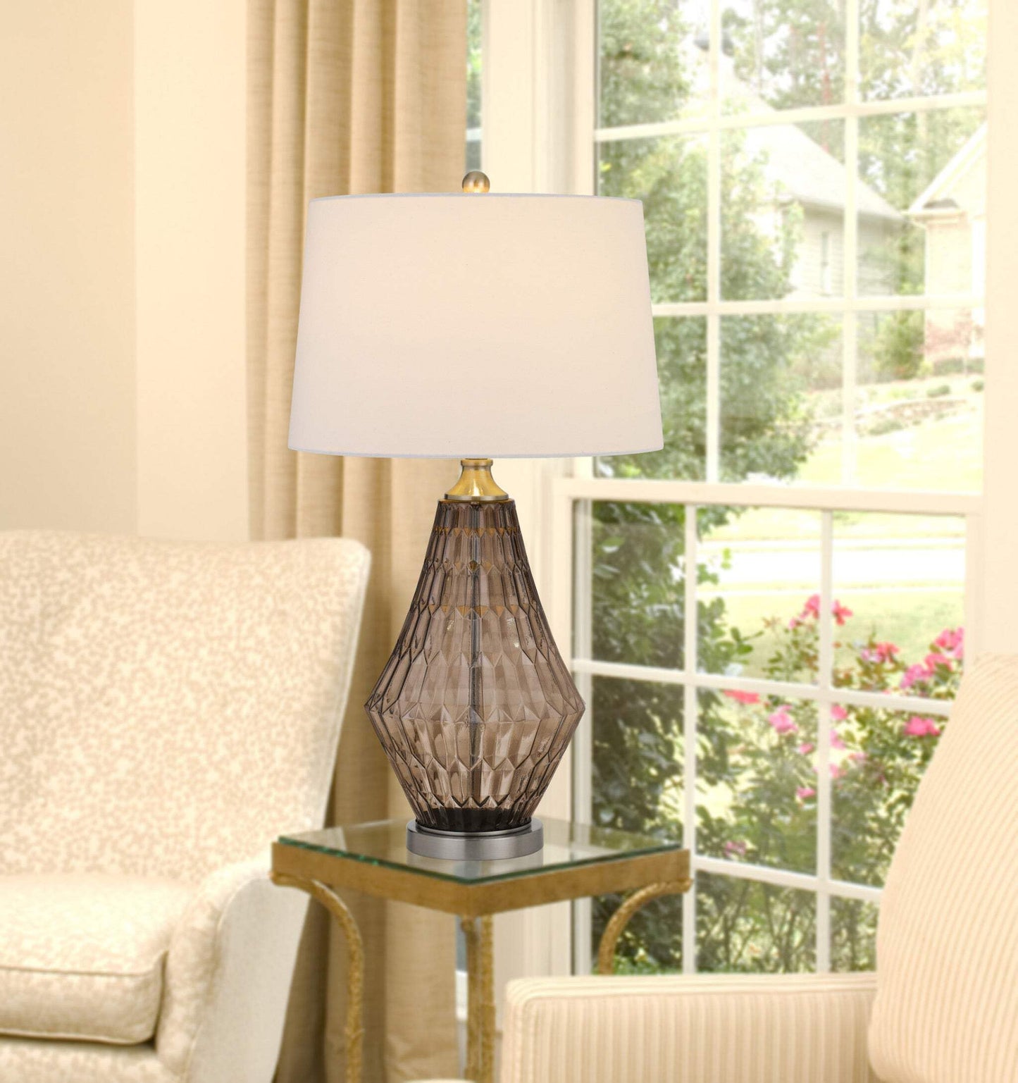 HomeRoots 31 in. Grey Metal Table Lamp, Off White Empire Shade, Model 524705