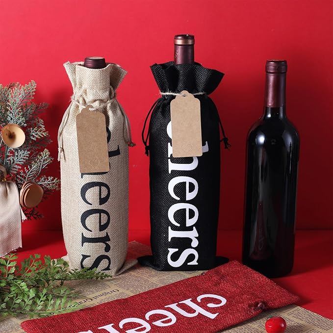 SIRIPHUM Burlap Wine Bags and Gift Tags, Wine Bottle Gift Bags with Drawstrings,Wine Bags Gift for Travel, Wedding, Holiday Party,Birthdays,Housewarming and Dinner Party (Natural-12PCS)