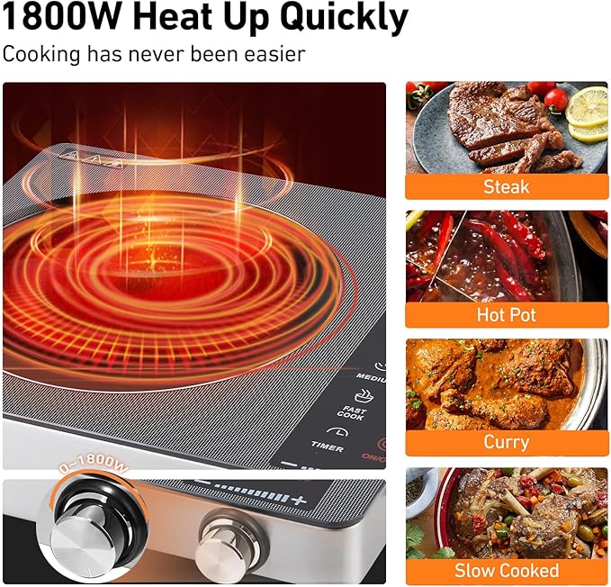 OCTAVO 1800 Watt Portable Infrared Burner, electric burner with 4 Hours Timer, Electric Hot Plate Touch Control Panel Adjustable Heating Power, Glass Cooktop for Cooking
