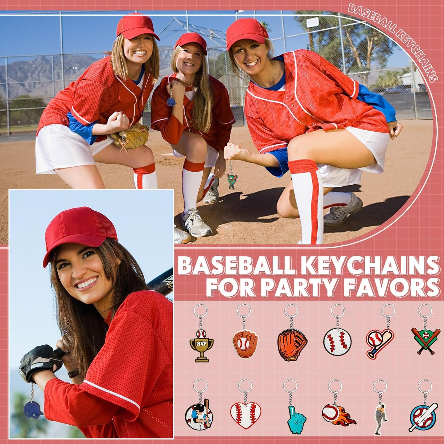 Batiyeer 36 Pack Baseball Keychains Bulk Party Favors Sports Ball Key Chains Funny Keyring Gifts for Birthday Supplies