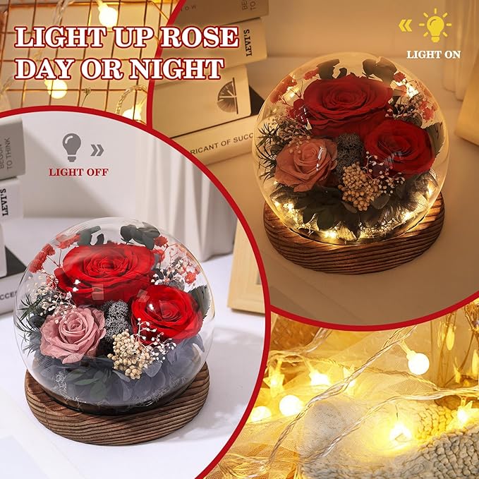FIACO Valentines Gifts for Her Preserved Flowers in Glass Dome Long-Lasting Eternal Roses Birthday Gifts for Women Mom Grandma Wife Girlfriend Red Forever Flowers for Delivery Prime