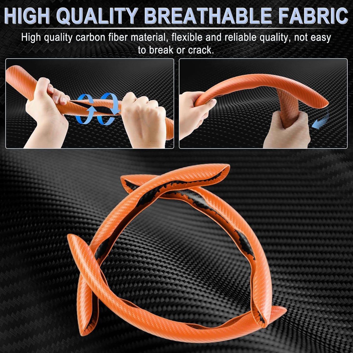 Amiss 3pcs Carbon Fiber Anti-Skid Steering Wheel Cover, Segmented & Butterfly Design, Universal 99% Car Wheel Cover Protector, Orange