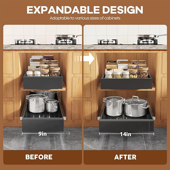 4 Pack Expandable (9"-14") Pull Out Cabinet Organizer 21" Deep With Raising Pad for Framed Cabinets,Upgrade 3 Slide Rails Slide Out Drawers,No Drill Roll Out Shelves Adhesive,Black