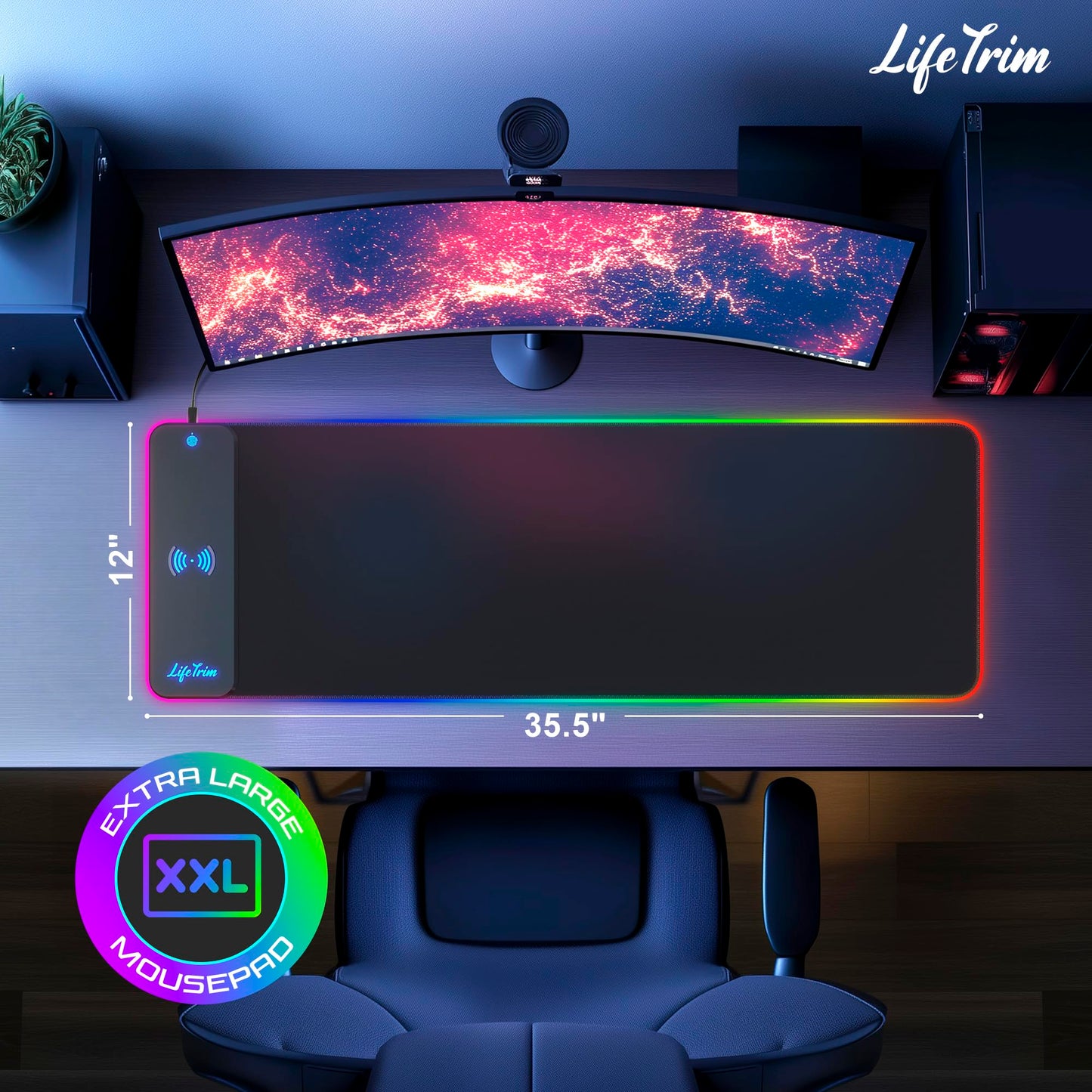 LifeTrim Wireless Charger LED Mousepad 35.5 x 12 Inch RGB Gaming Mouse Pad 10 Light Modes 4mm Thick Large Desk Pad Wireless Charging Cool Mouse Pad for PC Accessories & Gaming Gifts