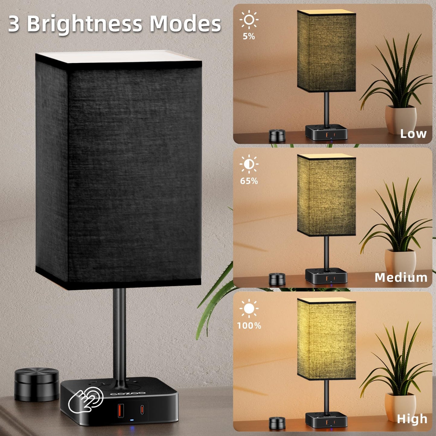 cozoo Table Lamp with Remote Control, Dimmable, USB C+A Charging, 2 AC Outlets, Standard Size, Black Shade, Model MC018S