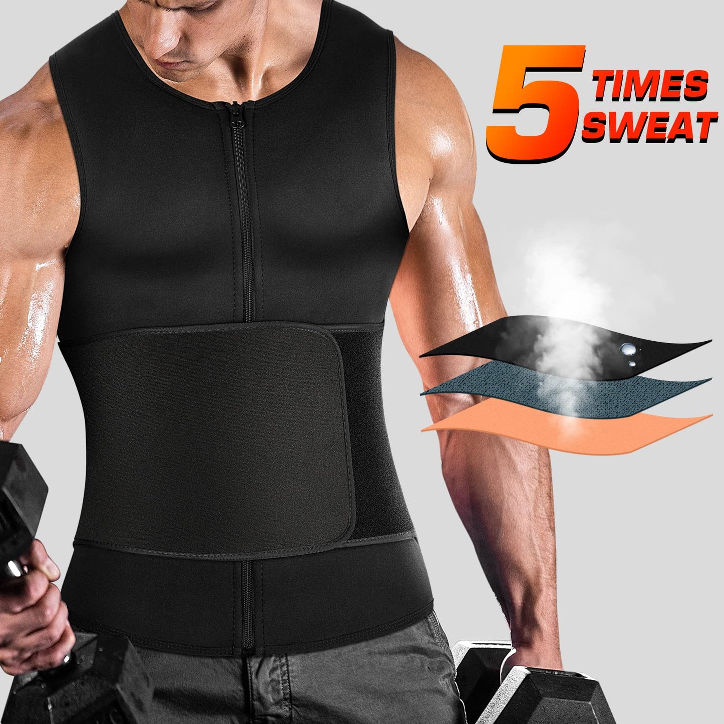 Cimkiz Mens Sweat Sauna Vest for Waist Trainer Zipper Neoprene Tank Top, Adjustable Sauna Workout Zipper Suit (Black, X-Large)