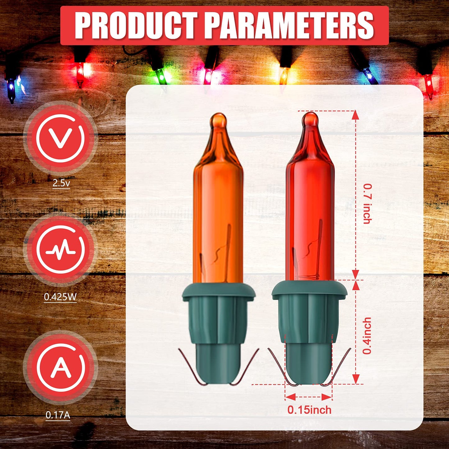 Mudder Christmas Mini Light Bulbs, Incandescent Glass, 50 Count, Red/Orange/Green/Blue/Yellow, 2.5V, 0.17A, Green Base