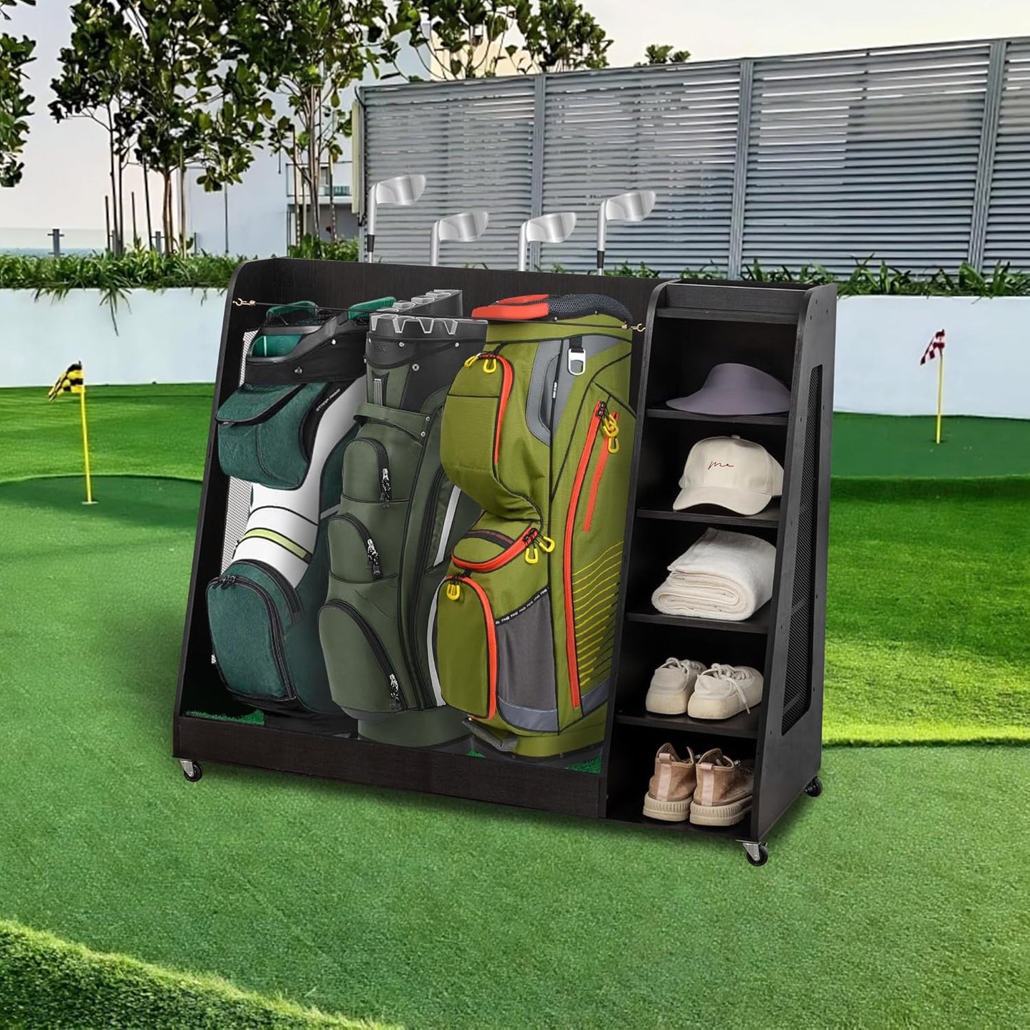 Golf Bag Organizer Storage Rack Stand Holder Fits 2 Extra Large Golf Club Bags and Multiple Golfing Equipment Accessories for Garage Home Simulator and Office