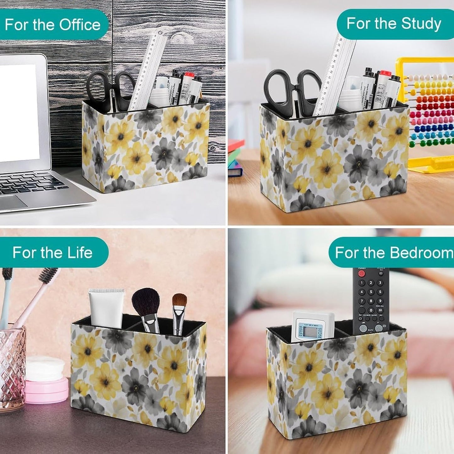 Floral Yellow And Lether Pen Holder for Desk Makeup Brush Holder Office Organizer Desk Accessory for School Office