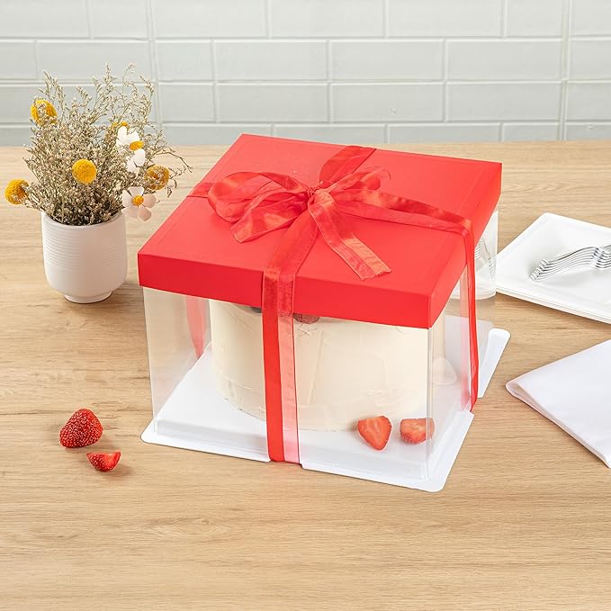 Restaurantware Sweet Vision 8.5 Inch x 6.75 Inch Transparent Cake Boxes 10 Grease Resistant Base Clear Cake Boxes - Red Lid Red Ribbon Plastic Birthday Cake Boxes For Weddings Or Birthdays