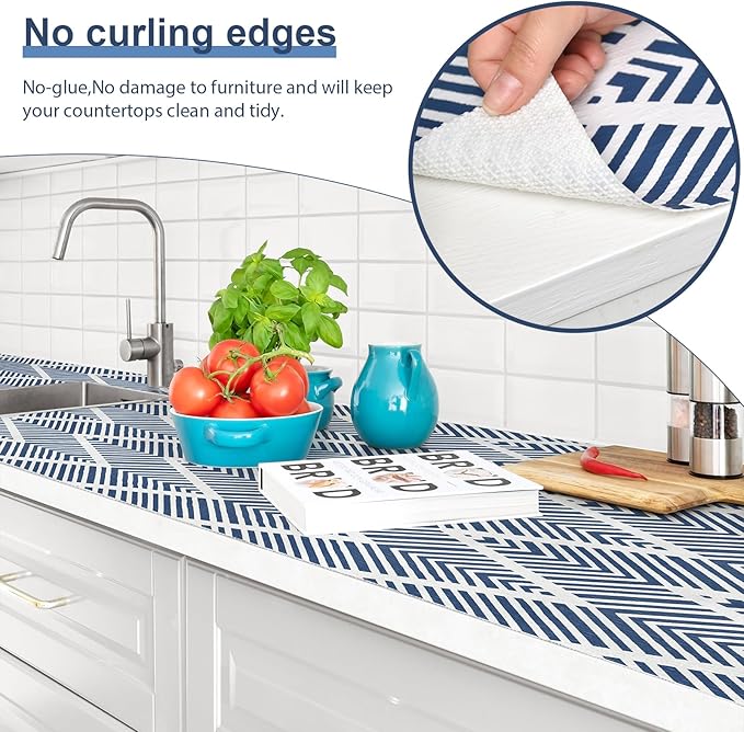 Shelf Liners for Kitchen Cabinets Non-adhesive, 12in x 12FT Drawer Liner Non Slip Shelf Paper, Waterproof Easy to Clean Surface, Thicken Strong Grip for Pantry Cupboard Dresser Mat, Blue Stripe