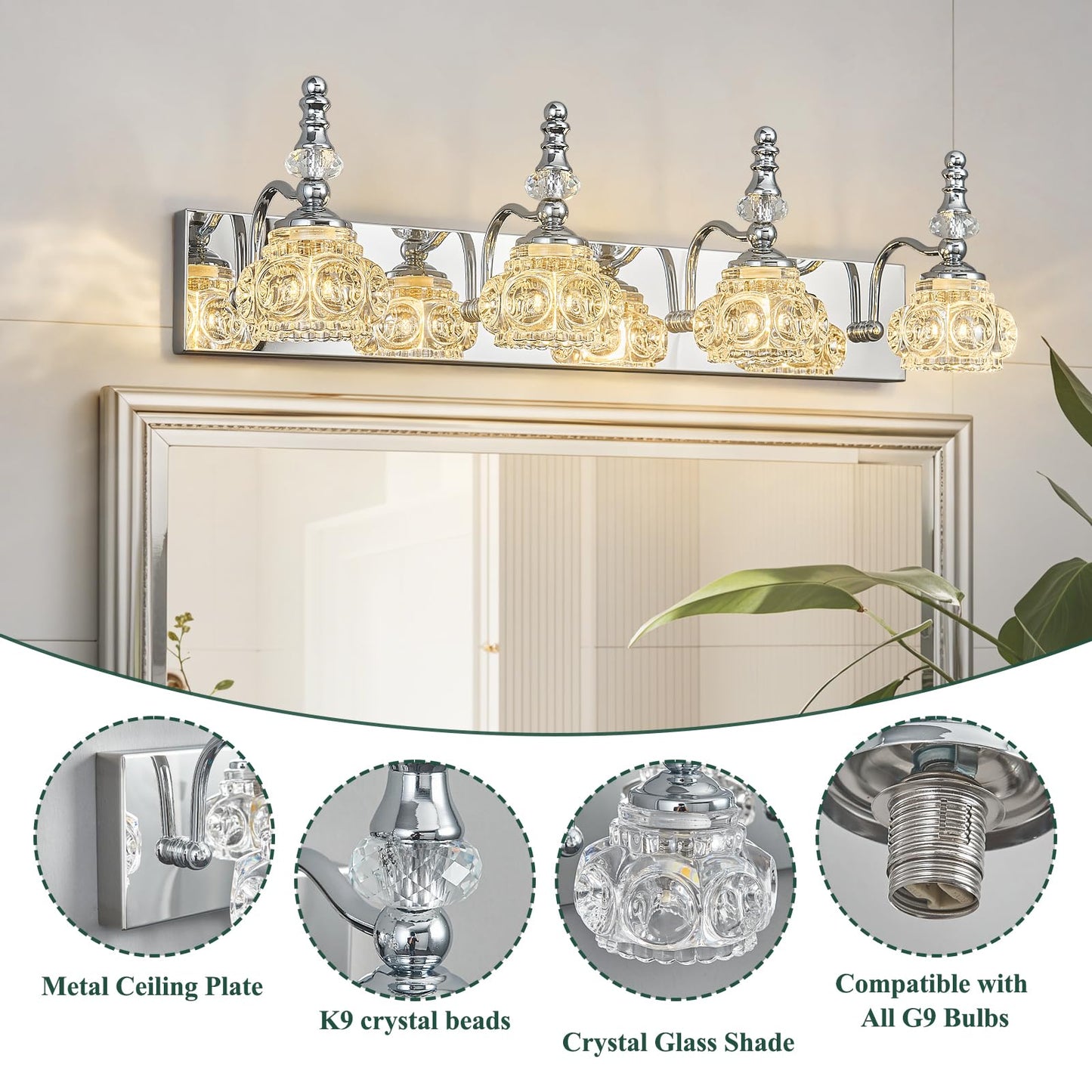 Lbsqj 4-Light Vintage Bathroom Vanity Light Fixture Industrial Chrome With Glass Shade Vanity Light Fixtures Over Mirror Glass Bathroom Vanity Lighting Fixtures G9 Bulb Wall Lights