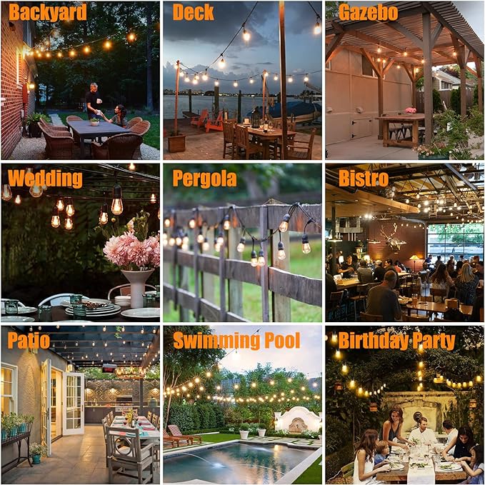 Achin Outdoor String Lights 96FT(48FT*2) Waterproof IP65 LED Patio Lights with 30+2 S14 Edison Bulbs Warm 2200K Hanging Lights Outside Shatterproof String Lights for Outside Bistro, Market, Yard