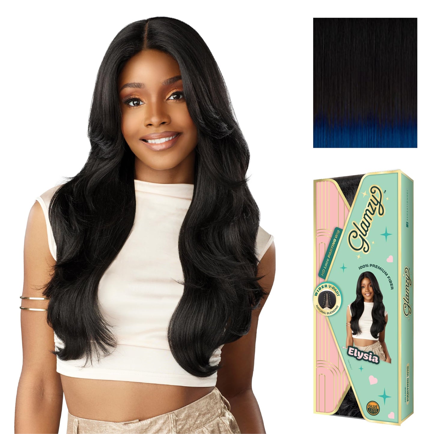 Sensationnel Glamzy Lace Part Wigs - Elysia Glueless Hand Tied Wider V Parting Synthetic Hair (TD/BLUE)
